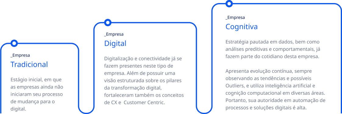 Empresa Tradicional. Estágio inicial, em que as empresas ainda não iniciaram seu processo de mudança para o digital. / Empresa Digital. Digitalização e conectividade já se fazem presentes neste tipo de empresa. Além de possuir uma visão estruturada sobre os pilares da transformação digital, fortaleceram também os conceitos de CX e  Customer Centric. / Empresa Cognitiva. Estratégia pautada em dados, bem como análises preditivas e comportamentais, já fazem parte do cotidiano desta empresa. Apresenta evolução contínua, sempre observando as tendências e possíveis Outliers, e utiliza inteligência artificial e cognição computacional em diversas áreas. Portanto, sua autoridade em automação de processos e soluções digitais é alta.