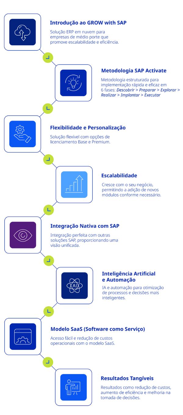 Diagrama visual que explique de forma clara e concisa como o GROW with SAP funciona, destacando suas etapas principais e como ele impacta as empresas em crescimento.