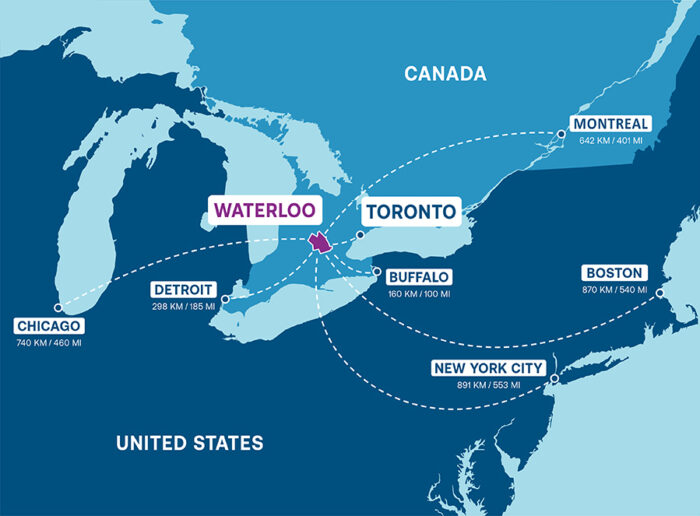 Mapa de atuação do corredor Toronto-Waterloo